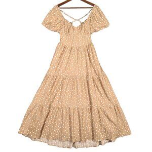 American Eagle Maxi Dress Women's Medium Beige Polka Dot Tiered Ruffle Open Back